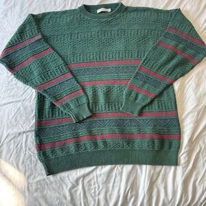 Vintage 90s Royal Knight Mens 2XLT Tall Green Geometric Pattern Knit Sweater